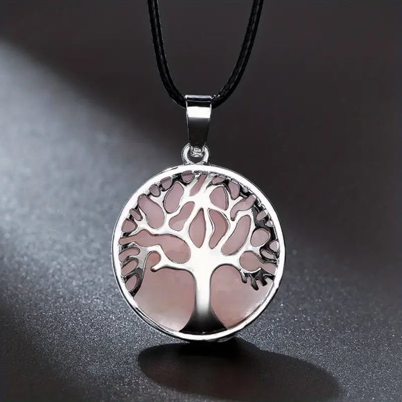 Rose Quartz Natural Gemstone Tree Of Life Round Pendant Gemstone Necklace - Picture 2 of 2